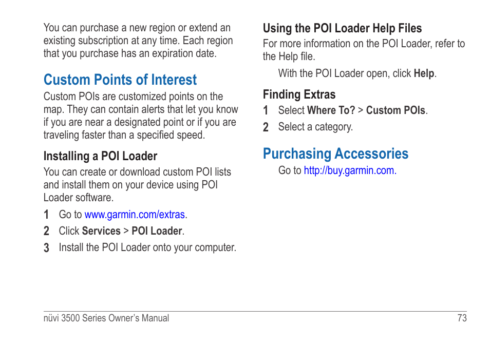 Custom points of interest, Purchasing accessories | Garmin nuvi 3590LT User Manual | Page 79 / 88