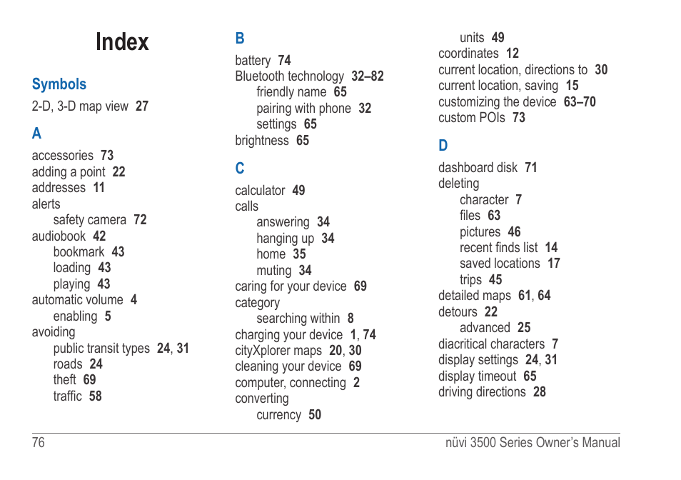 Index | Garmin nuvi 3590LT User Manual | Page 82 / 88