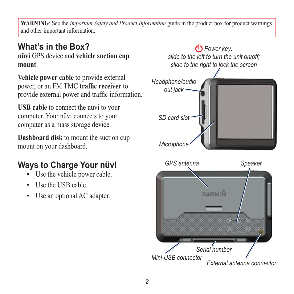 What’s in the box, Ways to charge your nüvi | Garmin Nuvi 770 User Manual | Page 2 / 8