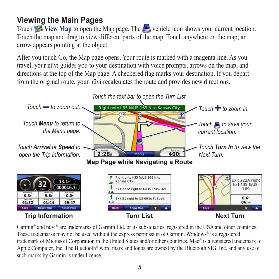 Viewing the main pages | Garmin Nuvi 770 User Manual | Page 5 / 8