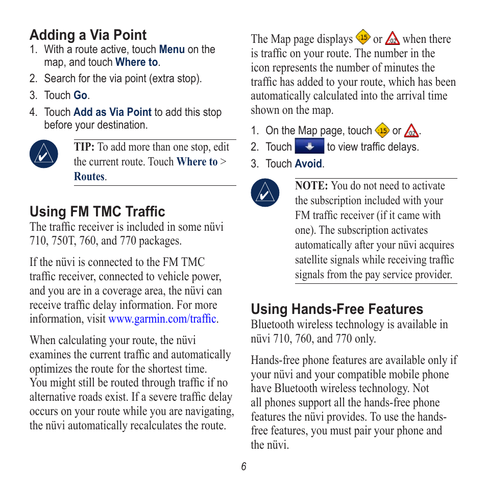 Adding a via point, Using fm tmc traffic, Using hands-free features | Garmin Nuvi 770 User Manual | Page 6 / 8