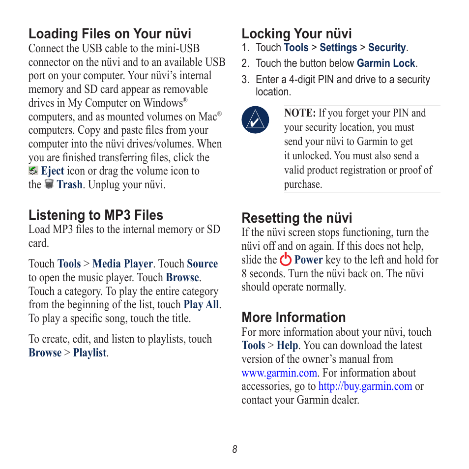 Loading files on your nüvi, Listening to mp3 files, Locking your nüvi | Resetting the nüvi, More information | Garmin Nuvi 770 User Manual | Page 8 / 8