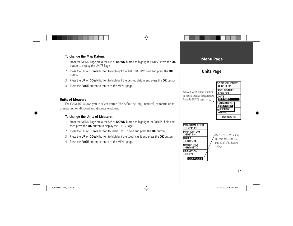 Units page | Garmin Geko 101 User Manual | Page 23 / 32