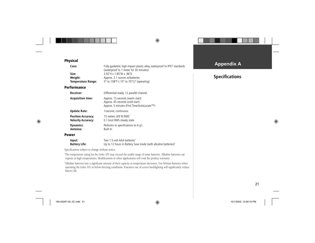 Appendix a speciﬁ cations | Garmin Geko 101 User Manual | Page 27 / 32