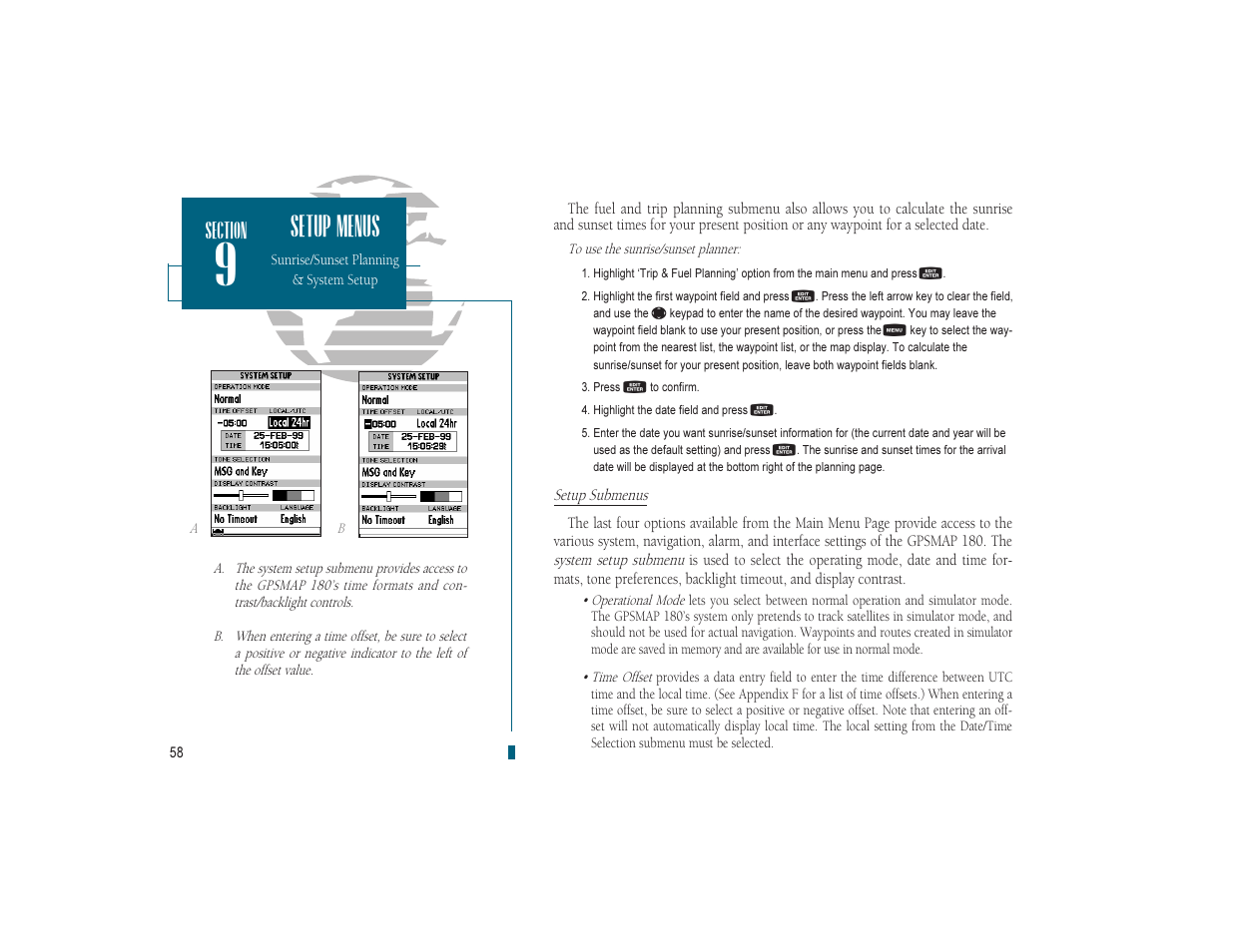 Setup menus | Garmin GPSMAP 180 User Manual | Page 70 / 96