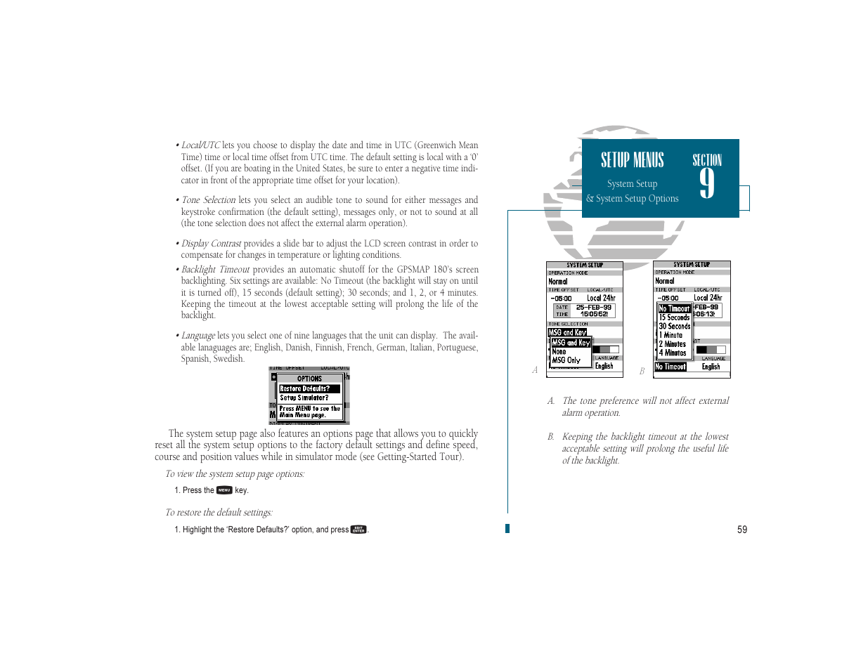 Setup menus | Garmin GPSMAP 180 User Manual | Page 71 / 96