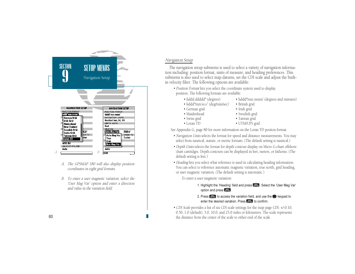 Setup menus | Garmin GPSMAP 180 User Manual | Page 72 / 96