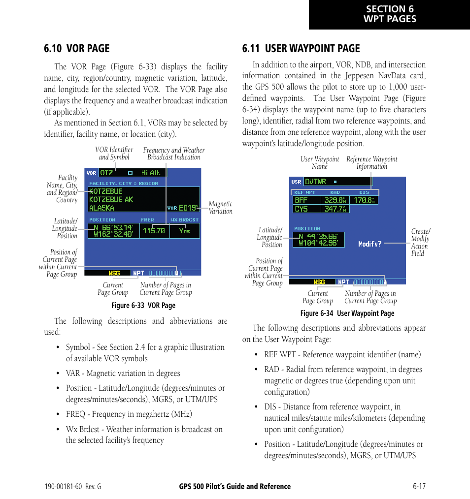 10 vor page, 11 user waypoint page | Garmin GPS 500 User Manual | Page 115 / 256