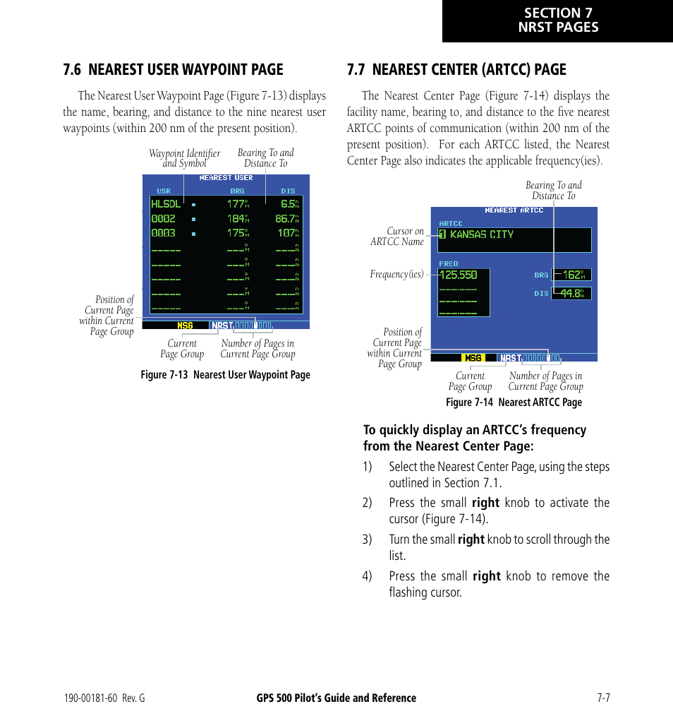 6 nearest user waypoint page, 7 nearest center (artcc) page | Garmin GPS 500 User Manual | Page 129 / 256
