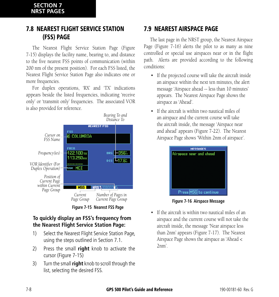 8 nearest flight service station (fss) page, 9 nearest airspace page | Garmin GPS 500 User Manual | Page 130 / 256