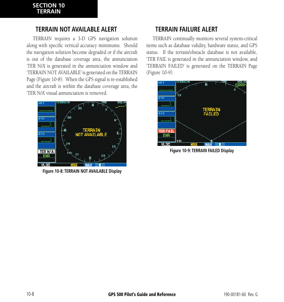 Terrain not available alert, Terrain failure alert | Garmin GPS 500 User Manual | Page 174 / 256