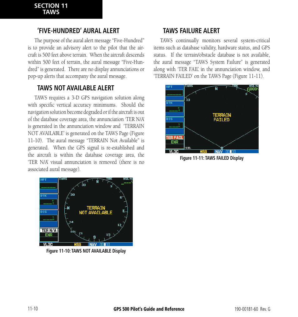 Five-hundred’ aural alert, Taws not available alert, Taws failure alert | Garmin GPS 500 User Manual | Page 186 / 256