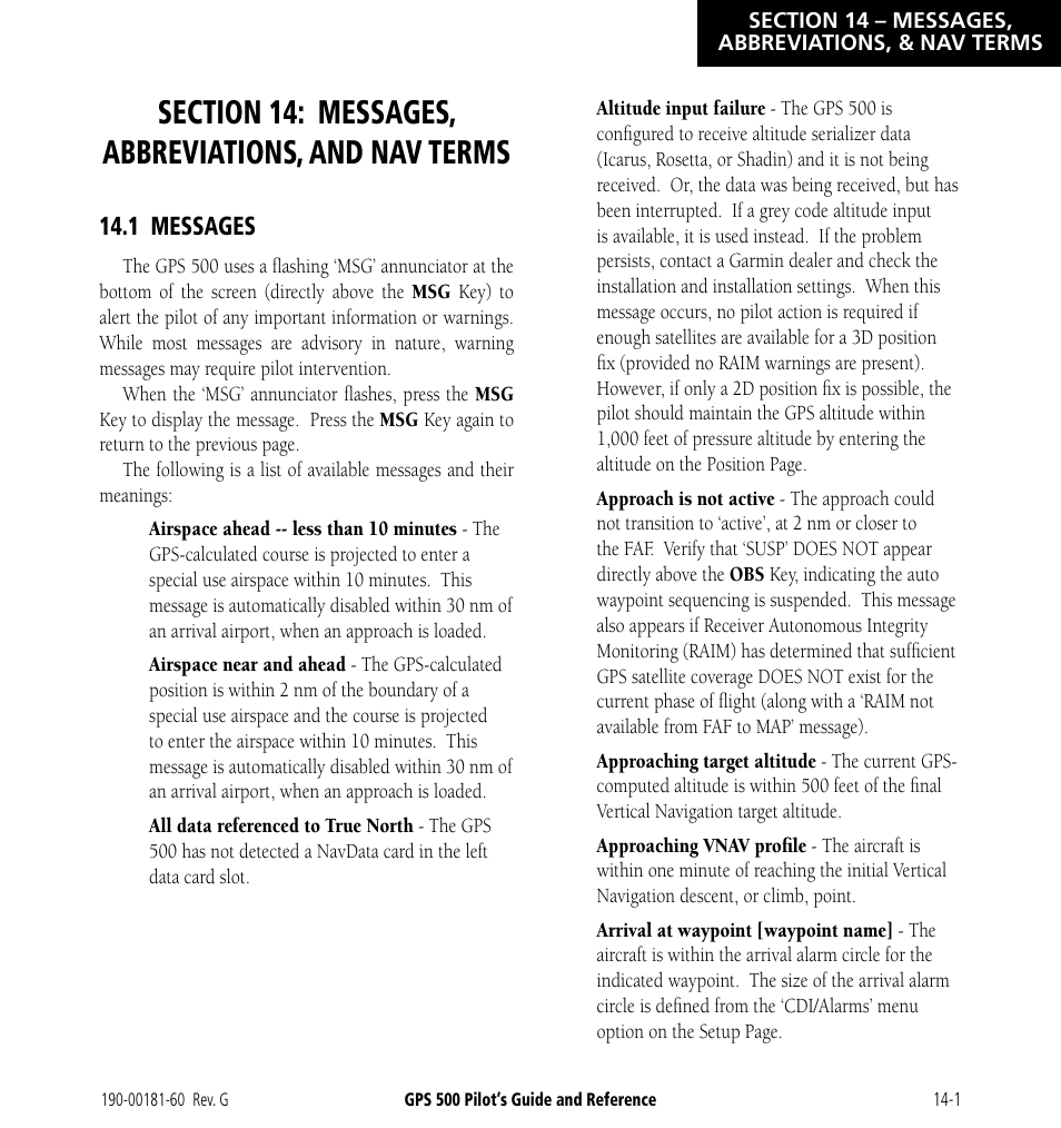 Section 14: messages, abbreviations, and nav terms, 1 messages, Section 14: messages, abbreviations | Nav terms, 1 messages -1 | Garmin GPS 500 User Manual | Page 229 / 256