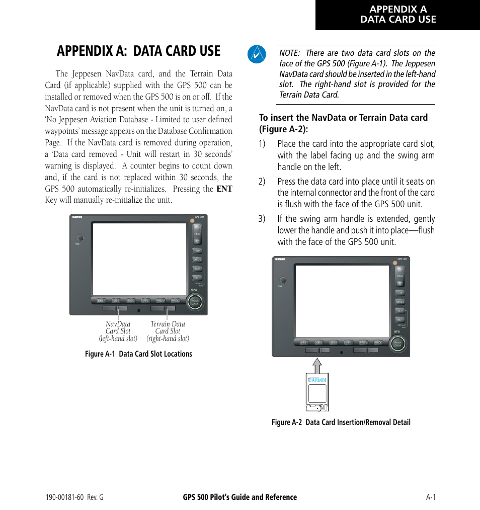 Appendix a: data card use | Garmin GPS 500 User Manual | Page 241 / 256