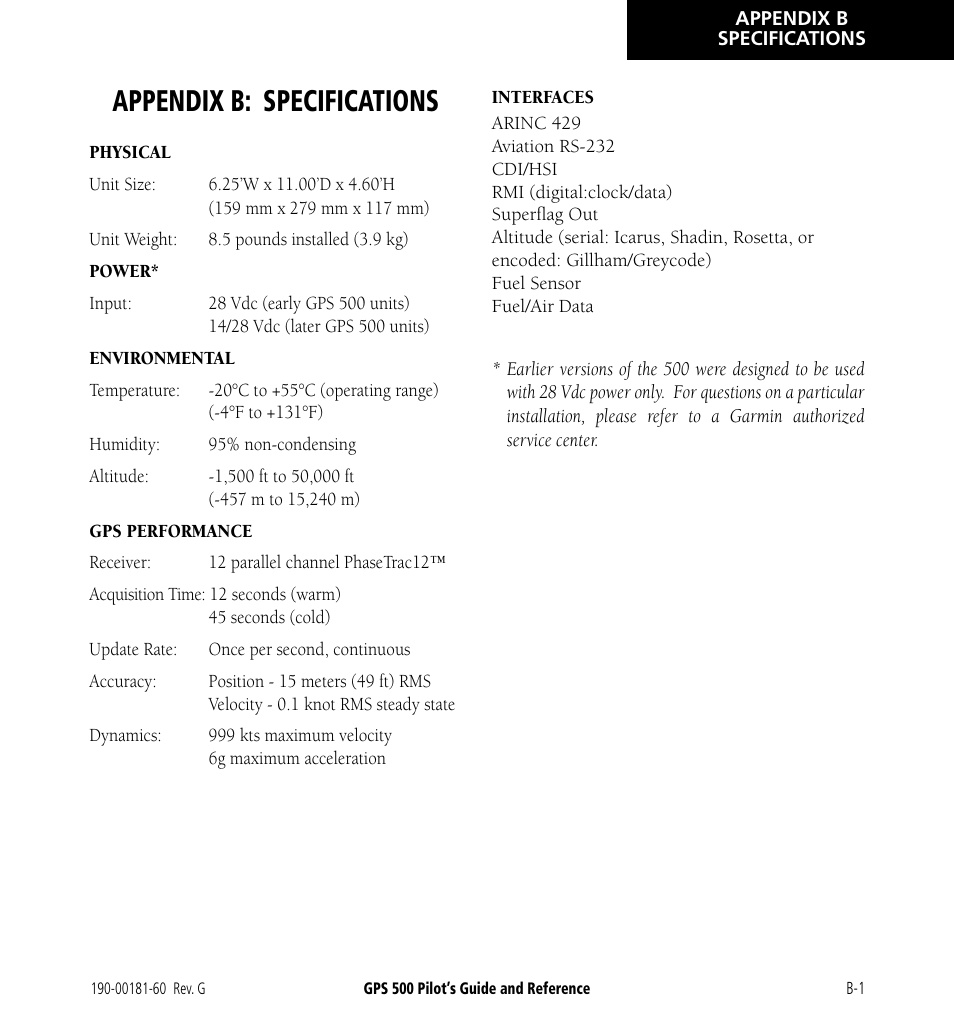 Appendix b: specifications | Garmin GPS 500 User Manual | Page 243 / 256