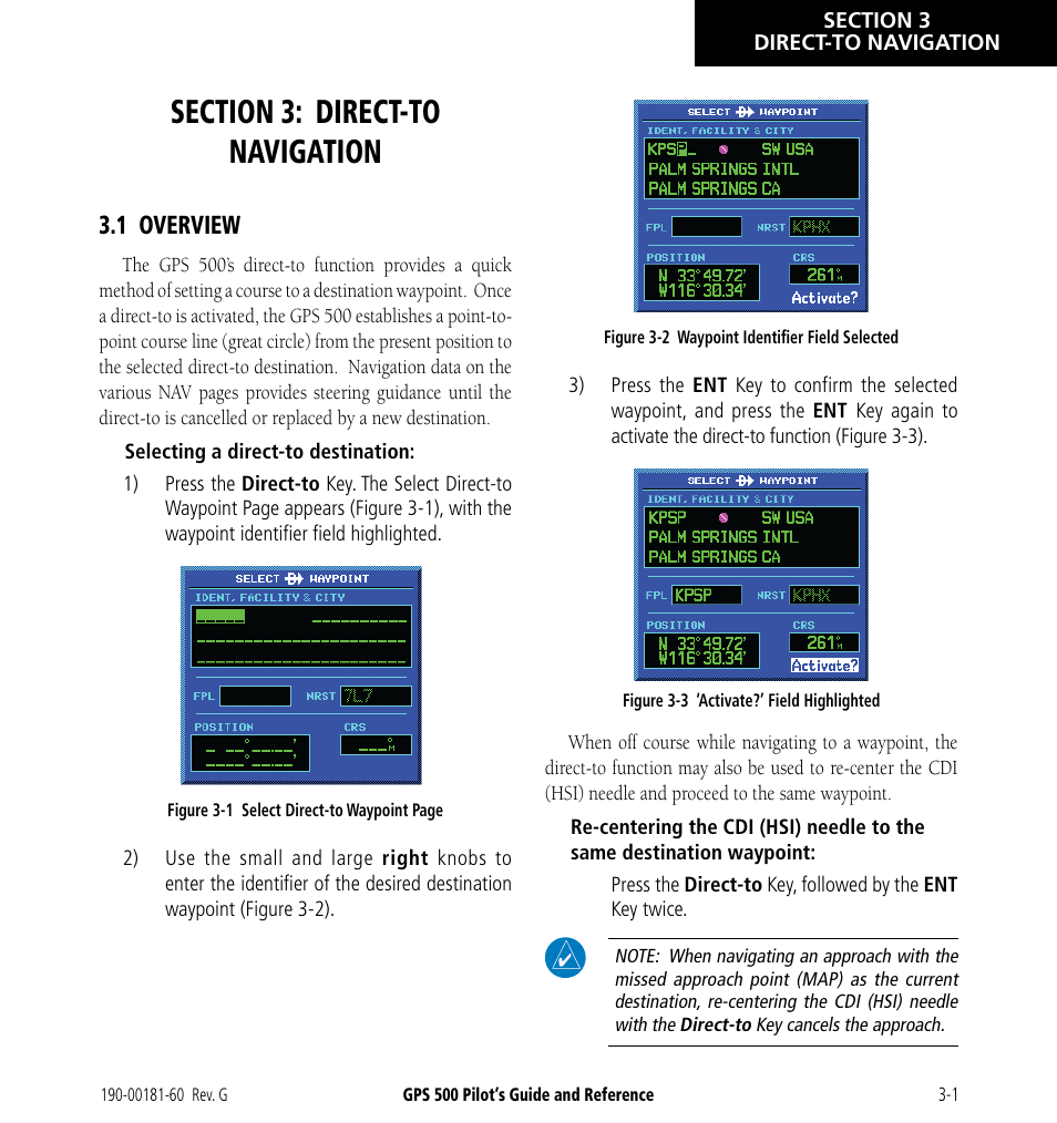 Section 3: direct-to navigation, 1 overview, 1 overview -1 | Garmin GPS 500 User Manual | Page 51 / 256