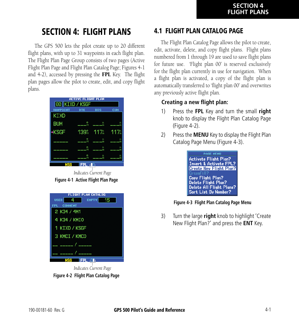 Section 4: flight plans, 1 flight plan catalog page | Garmin GPS 500 User Manual | Page 57 / 256