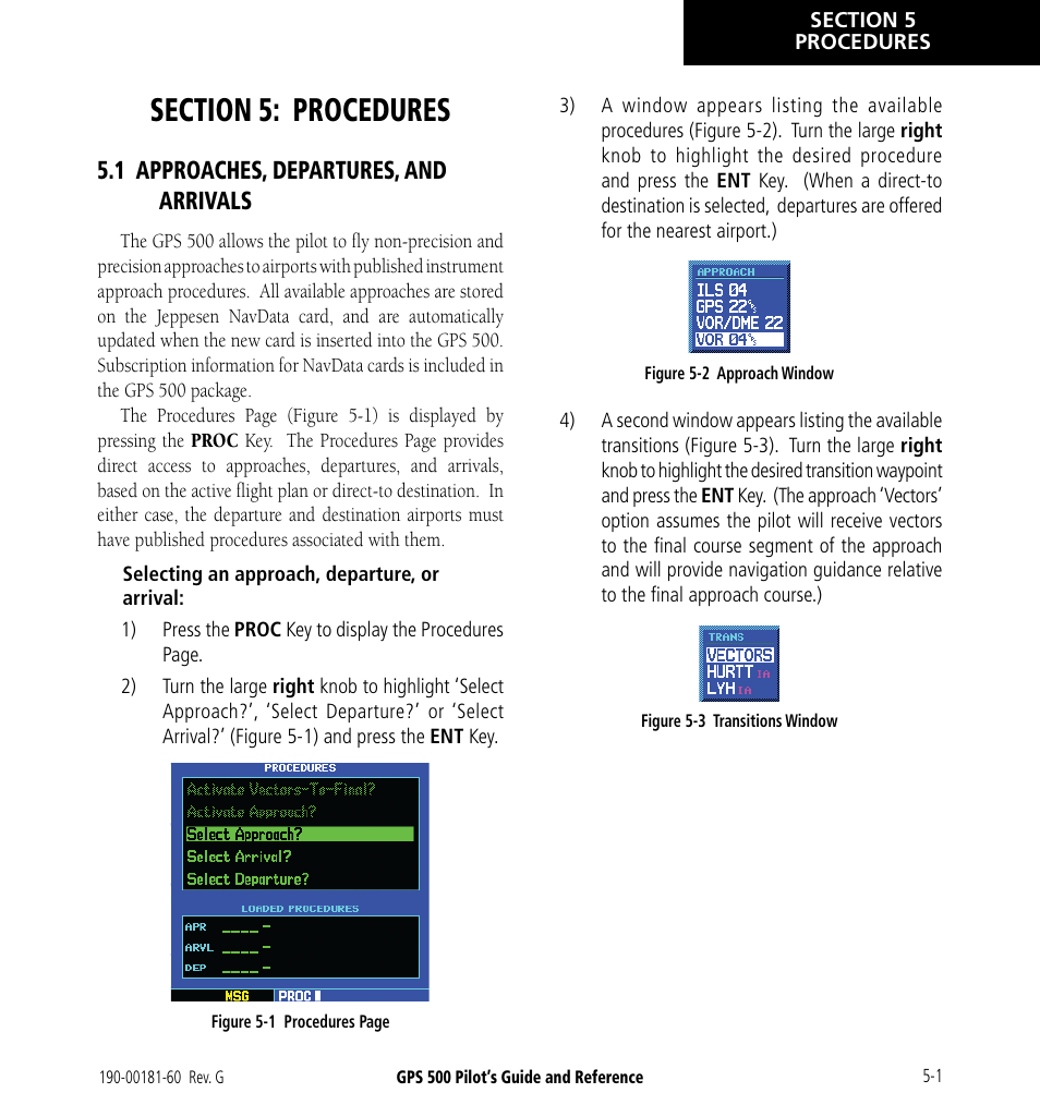 Section 5: procedures, 1 approaches, departures, and arrivals, 1 approaches, departures, and arrivals -1 | Garmin GPS 500 User Manual | Page 73 / 256