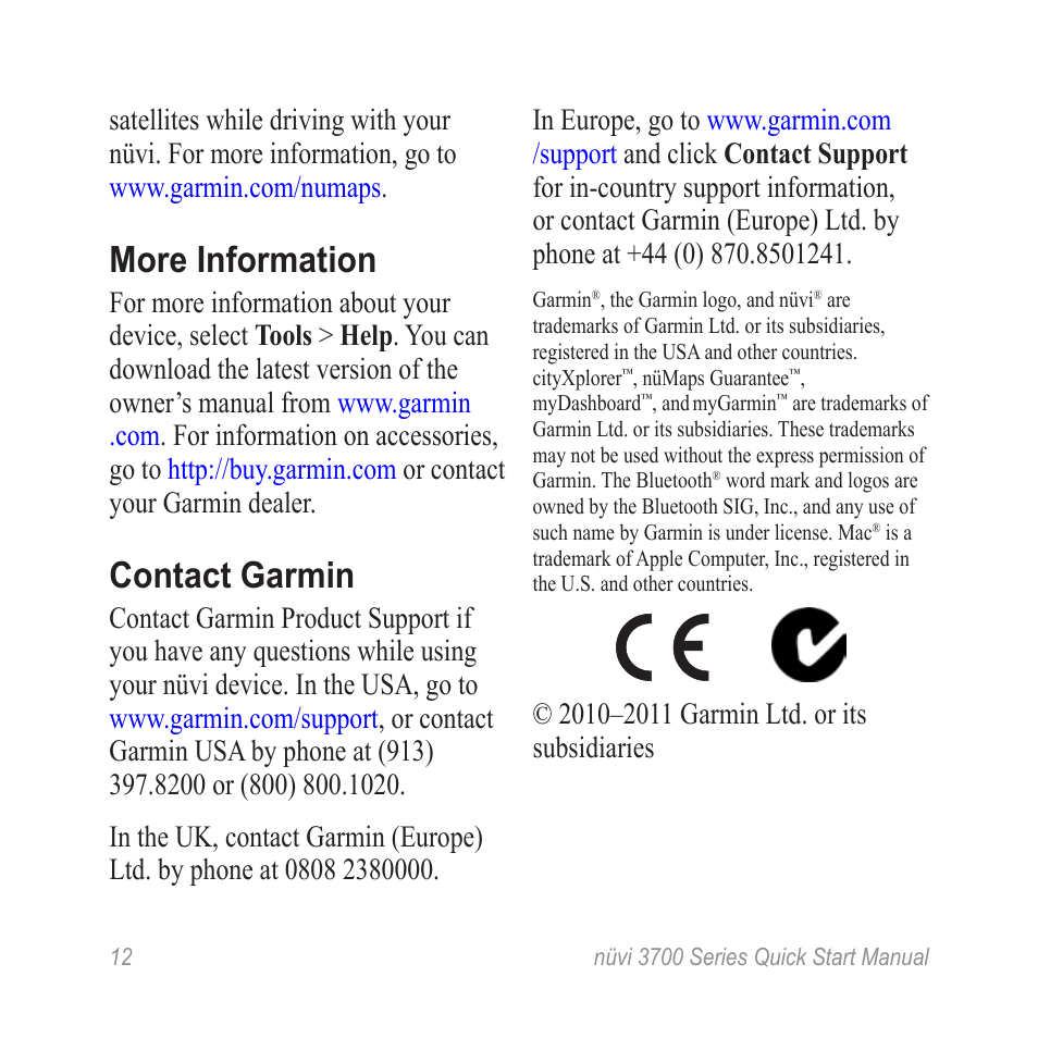 More information, Contact garmin | Garmin nuvi 3790T User Manual | Page 12 / 12