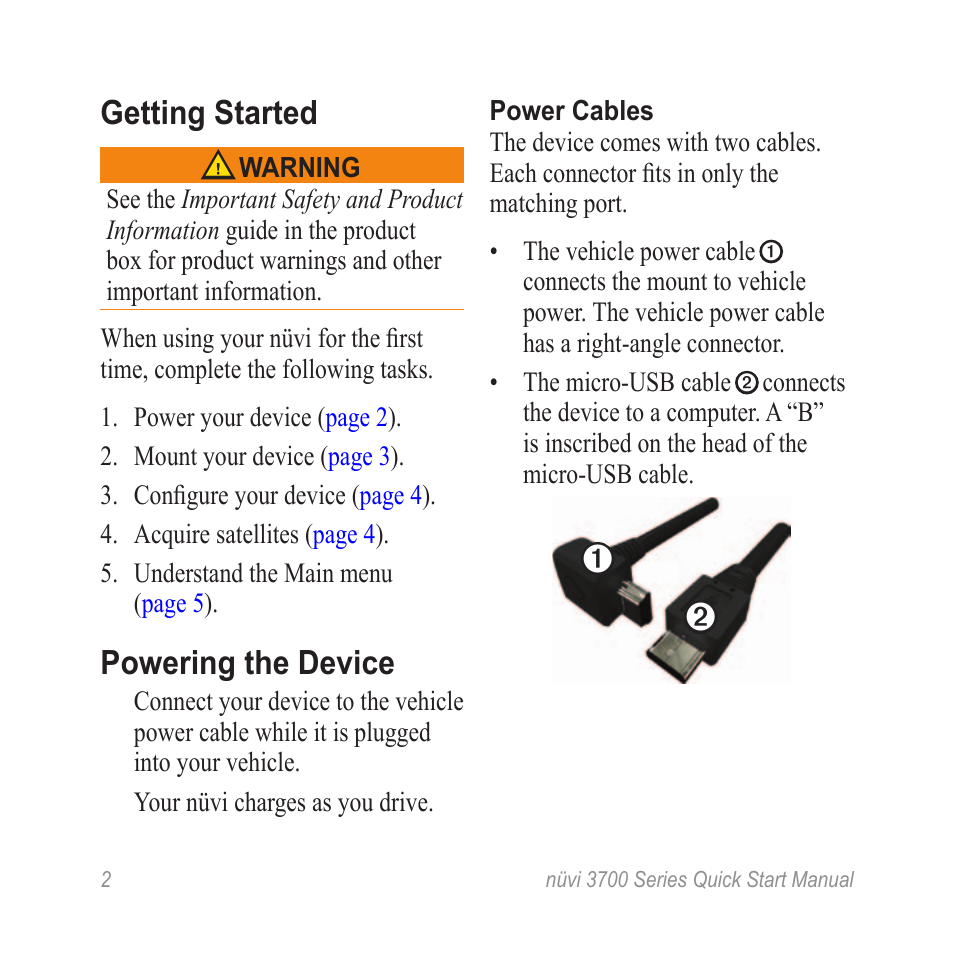 Getting started, Powering the device | Garmin nuvi 3790T User Manual | Page 2 / 12