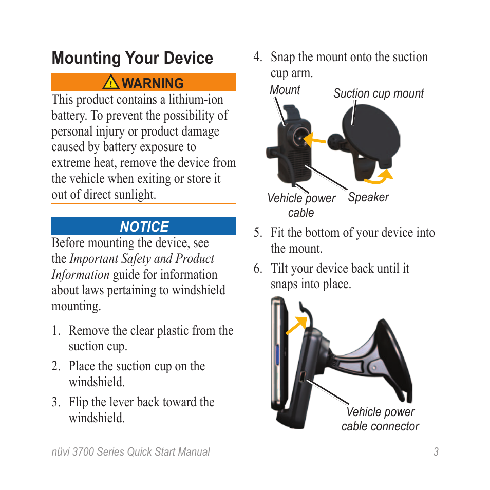 Mounting your device | Garmin nuvi 3790T User Manual | Page 3 / 12