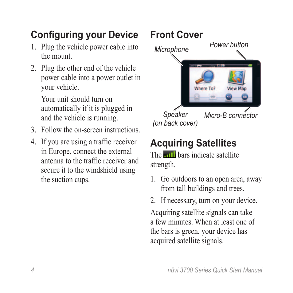 Acquire satellites, Configuring your device, Front cover | Acquiring satellites | Garmin nuvi 3790T User Manual | Page 4 / 12