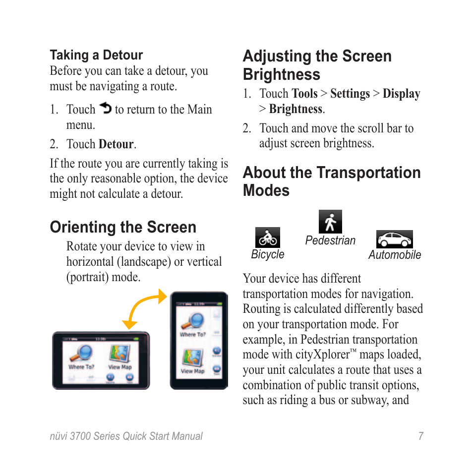 Orienting the screen, Adjusting the screen brightness, About the transportation modes | Garmin nuvi 3790T User Manual | Page 7 / 12