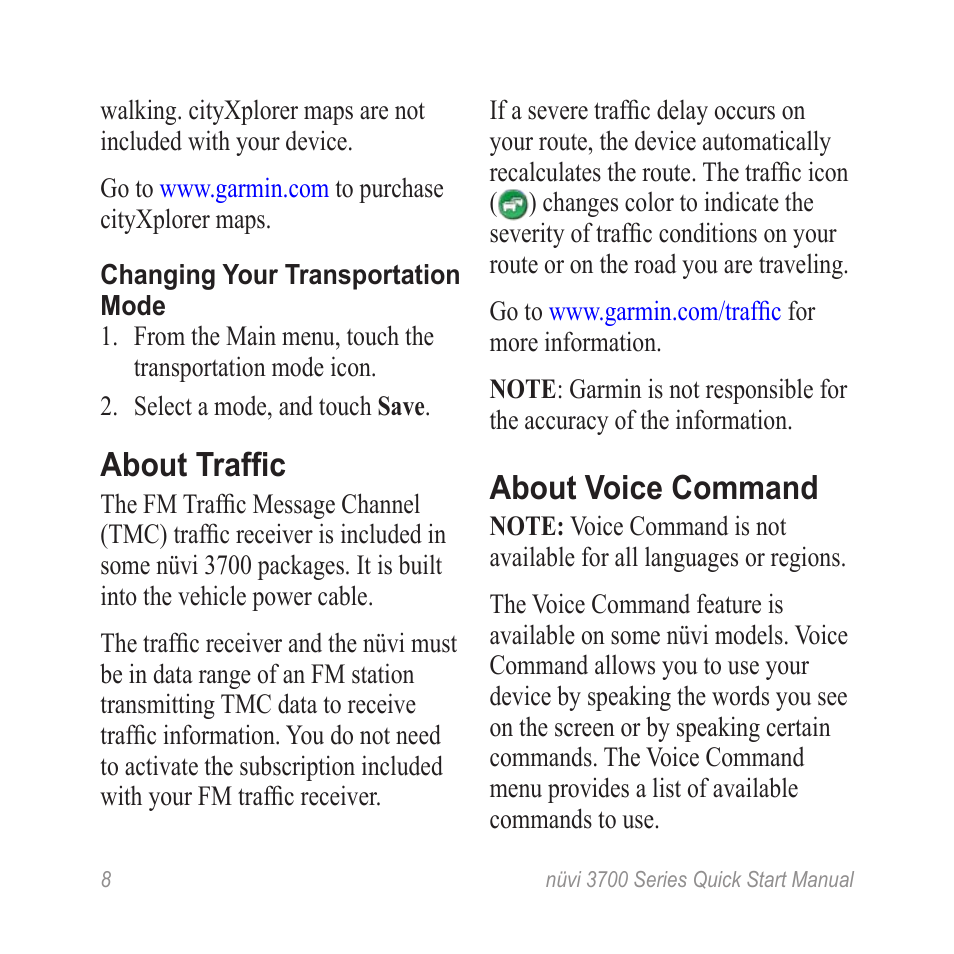 About traffic, About voice command | Garmin nuvi 3790T User Manual | Page 8 / 12