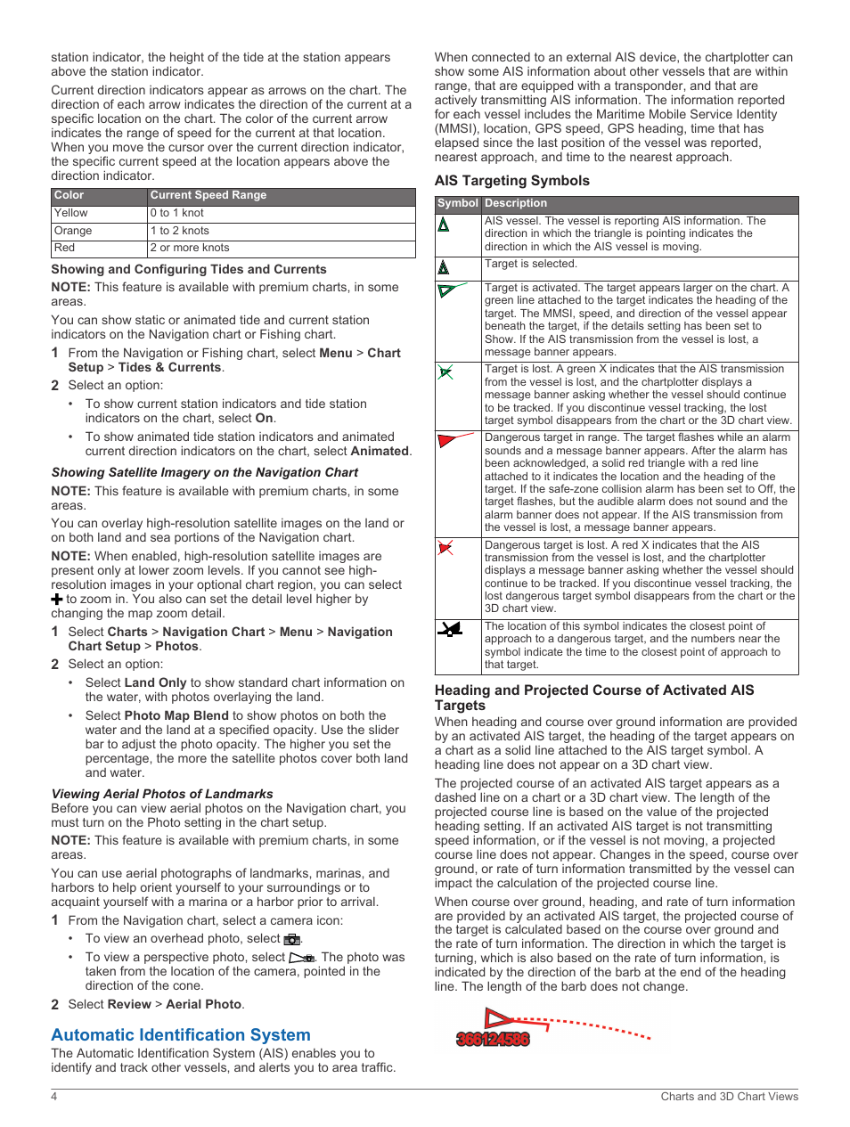 Showing and configuring tides and currents, Showing satellite imagery on the navigation chart, Viewing aerial photos of landmarks | Automatic identification system, Ais targeting symbols, The navigation chart, Surroundings | Garmin GPSMAP 751xs User Manual | Page 10 / 38