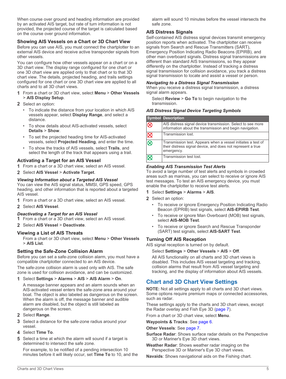 Showing ais vessels on a chart or 3d chart view, Activating a target for an ais vessel, Viewing information about a targeted ais vessel | Deactivating a target for an ais vessel, Viewing a list of ais threats, Setting the safe-zone collision alarm, Ais distress signals, Navigating to a distress signal transmission, Ais distress signal device targeting symbols, Enabling ais transmission test alerts | Garmin GPSMAP 751xs User Manual | Page 11 / 38