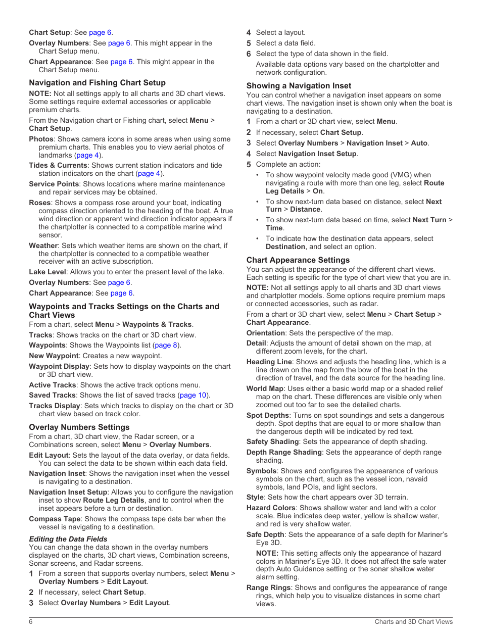 Navigation and fishing chart setup, Overlay numbers settings, Editing the data fields | Showing a navigation inset, Chart appearance settings | Garmin GPSMAP 751xs User Manual | Page 12 / 38