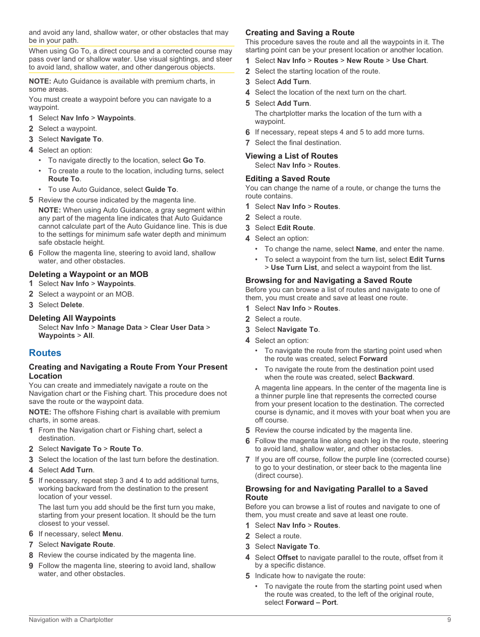 Deleting a waypoint or an mob, Deleting all waypoints, Routes | Creating and saving a route, Viewing a list of routes, Editing a saved route, Browsing for and navigating a saved route | Garmin GPSMAP 751xs User Manual | Page 15 / 38