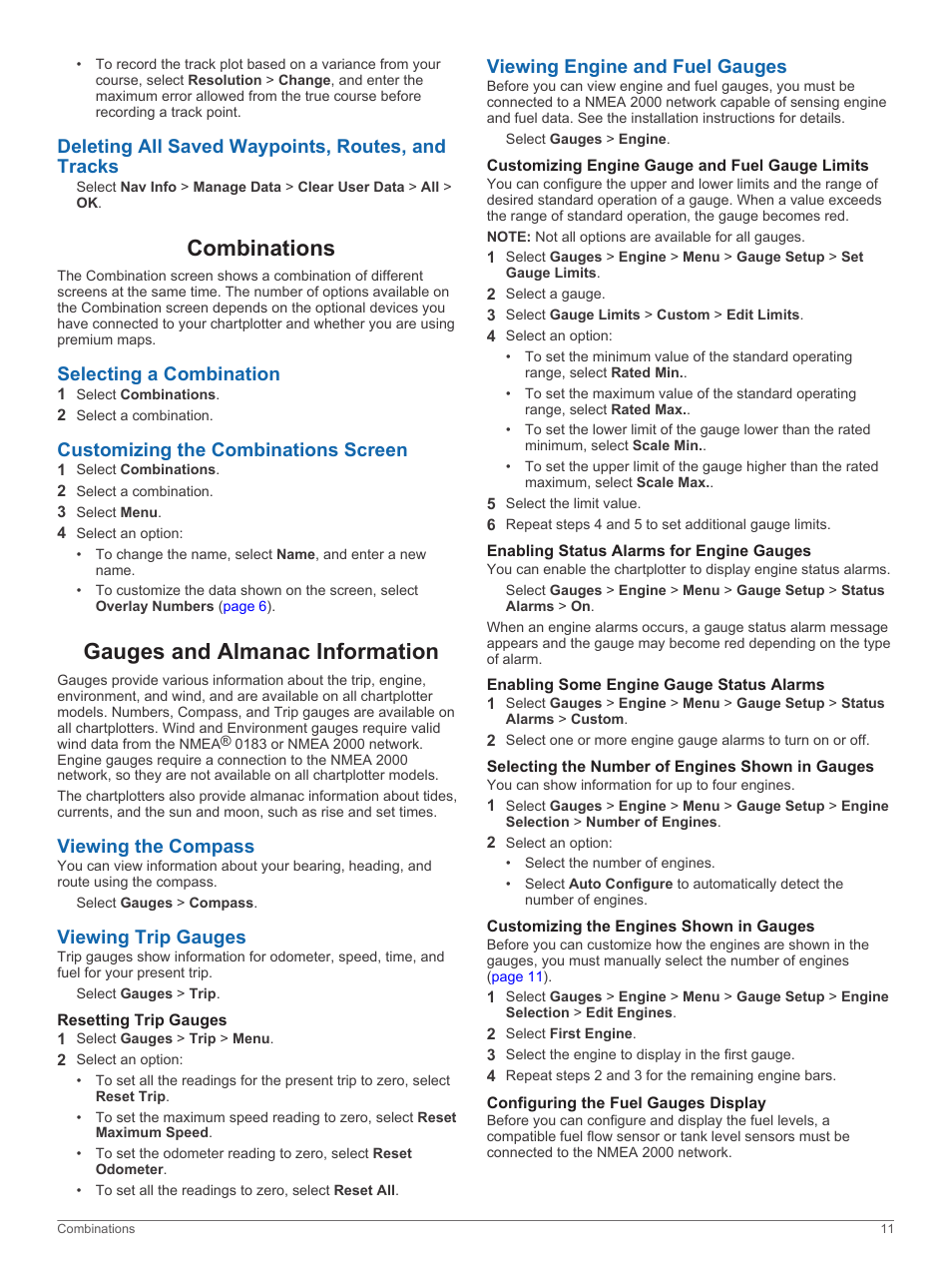 Deleting all saved waypoints, routes, and tracks, Combinations, Selecting a combination | Customizing the combinations screen, Gauges and almanac information, Viewing the compass, Viewing trip gauges, Resetting trip gauges, Viewing engine and fuel gauges, Customizing engine gauge and fuel gauge limits | Garmin GPSMAP 751xs User Manual | Page 17 / 38