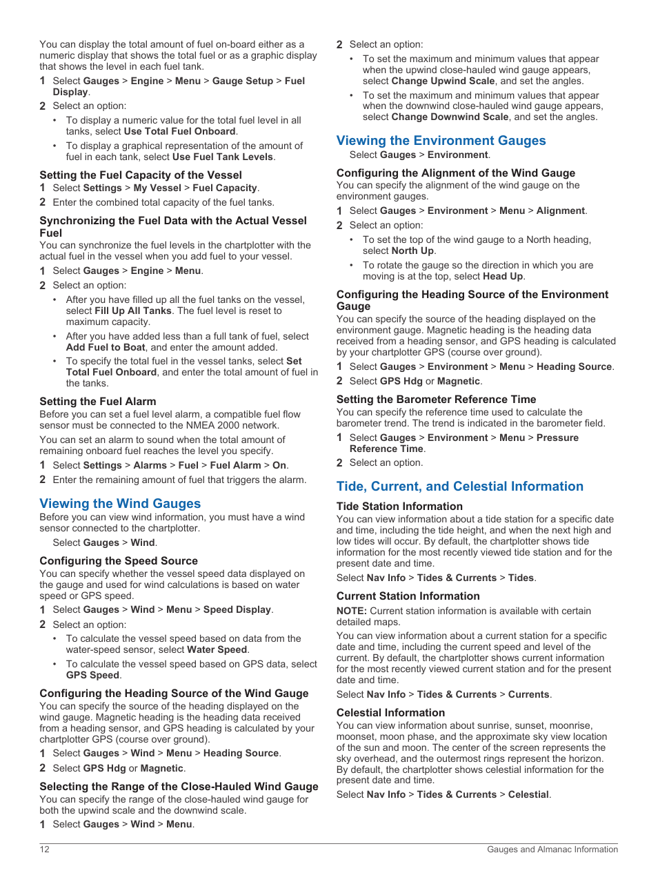 Setting the fuel capacity of the vessel, Setting the fuel alarm, Viewing the wind gauges | Configuring the speed source, Configuring the heading source of the wind gauge, Selecting the range of the close-hauled wind gauge, Viewing the environment gauges, Configuring the alignment of the wind gauge, Setting the barometer reference time, Tide, current, and celestial information | Garmin GPSMAP 751xs User Manual | Page 18 / 38