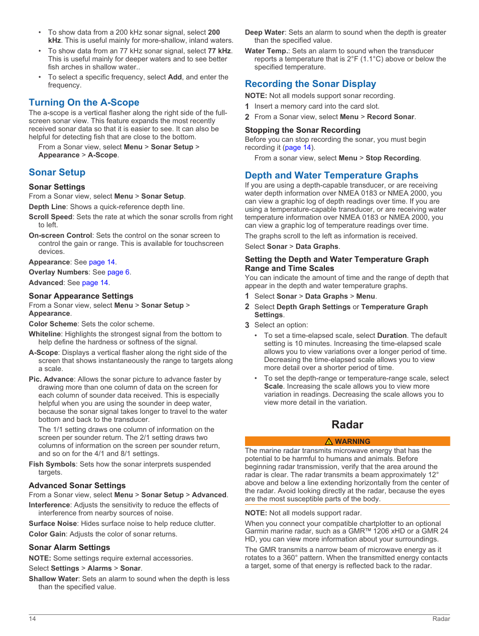 Turning on the a-scope, Sonar setup, Sonar settings | Sonar appearance settings, Advanced sonar settings, Sonar alarm settings, Recording the sonar display, Stopping the sonar recording, Depth and water temperature graphs, Radar | Garmin GPSMAP 751xs User Manual | Page 20 / 38