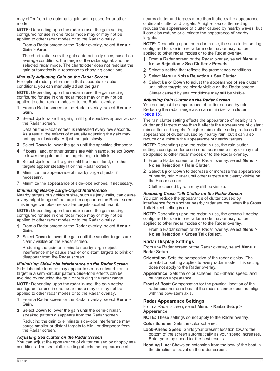 Manually adjusting gain on the radar screen, Minimizing nearby large-object interference, Adjusting sea clutter on the radar screen | Adjusting rain clutter on the radar screen, Reducing cross talk clutter on the radar screen, Radar display settings, Radar appearance settings, Radar display settings radar appearance settings | Garmin GPSMAP 751xs User Manual | Page 23 / 38