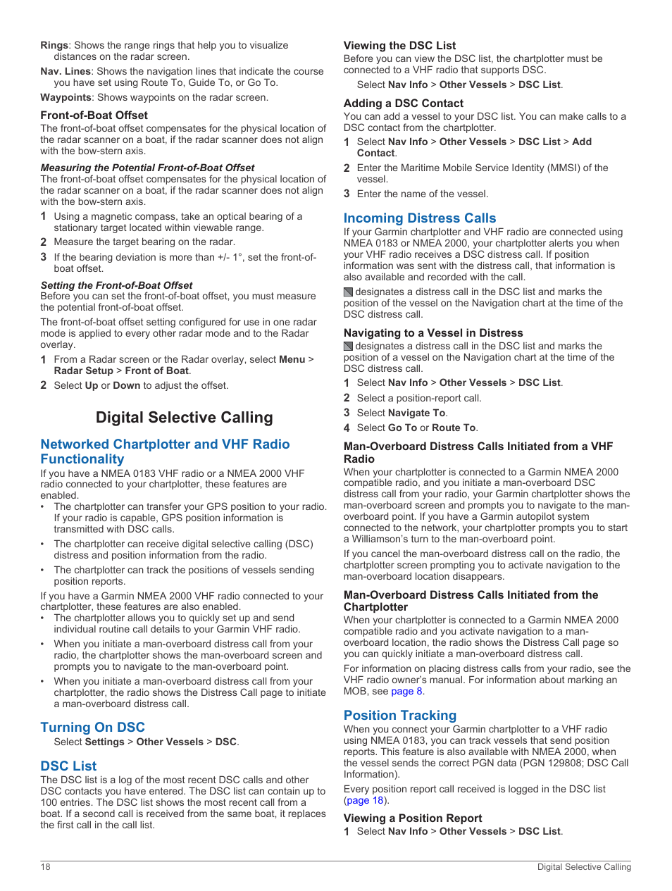 Front-of-boat offset, Measuring the potential front-of-boat offset, Setting the front-of-boat offset | Digital selective calling, Networked chartplotter and vhf radio functionality, Turning on dsc, Dsc list, Viewing the dsc list, Adding a dsc contact, Incoming distress calls | Garmin GPSMAP 751xs User Manual | Page 24 / 38