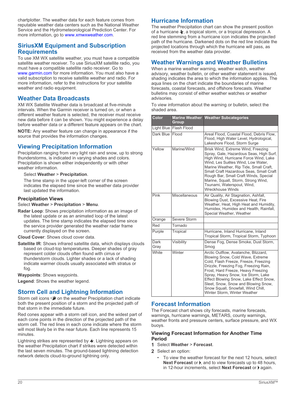 Siriusxm equipment and subscription requirements, Weather data broadcasts, Viewing precipitation information | Precipitation views, Storm cell and lightning information, Hurricane information, Weather warnings and weather bulletins, Forecast information | Garmin GPSMAP 751xs User Manual | Page 26 / 38