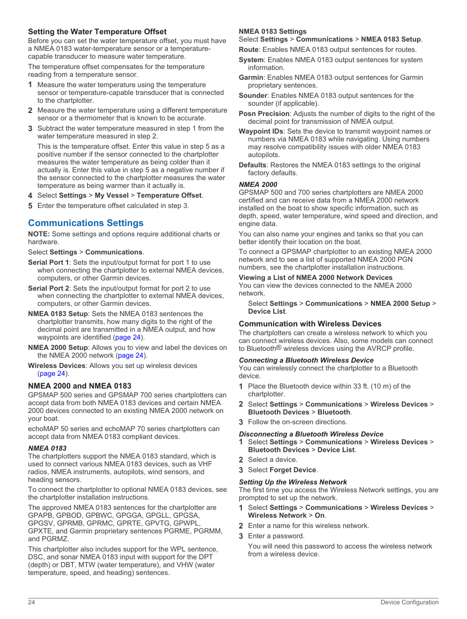 Setting the water temperature offset, Communications settings, Nmea 2000 and nmea 0183 | Nmea 0183, Nmea 0183 settings, Nmea 2000, Viewing a list of nmea 2000 network devices, Communication with wireless devices, Connecting a bluetooth wireless device, Disconnecting a bluetooth wireless device | Garmin GPSMAP 751xs User Manual | Page 30 / 38