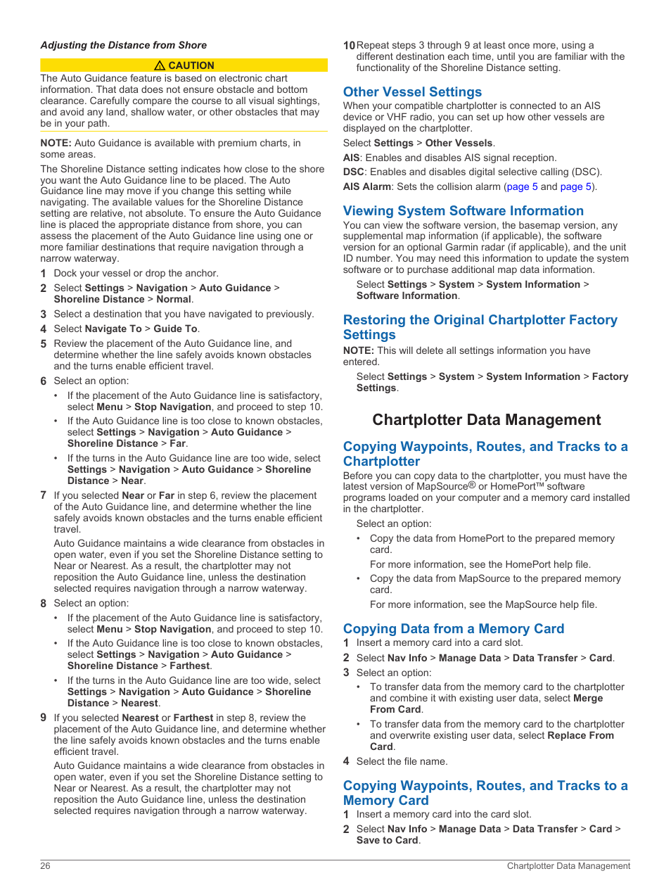 Adjusting the distance from shore, Other vessel settings, Viewing system software information | Chartplotter data management, Copying data from a memory card | Garmin GPSMAP 751xs User Manual | Page 32 / 38