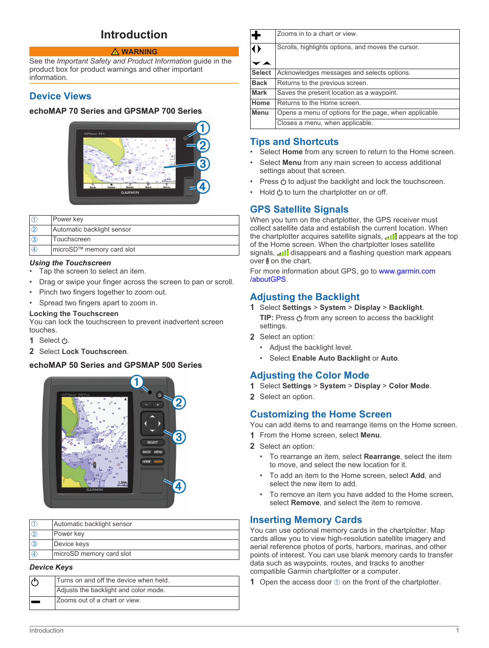 Introduction, Device views, Echomap 70 series and gpsmap 700 series | Using the touchscreen, Locking the touchscreen, Echomap 50 series and gpsmap 500 series, Device keys, Tips and shortcuts, Gps satellite signals, Adjusting the backlight | Garmin GPSMAP 751xs User Manual | Page 7 / 38