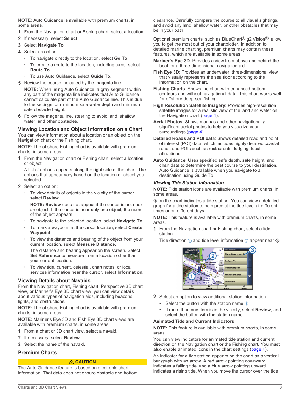 Viewing location and object information on a chart, Viewing details about navaids, Premium charts | Viewing tide station information, Animated tide and current indicators | Garmin GPSMAP 751xs User Manual | Page 9 / 38
