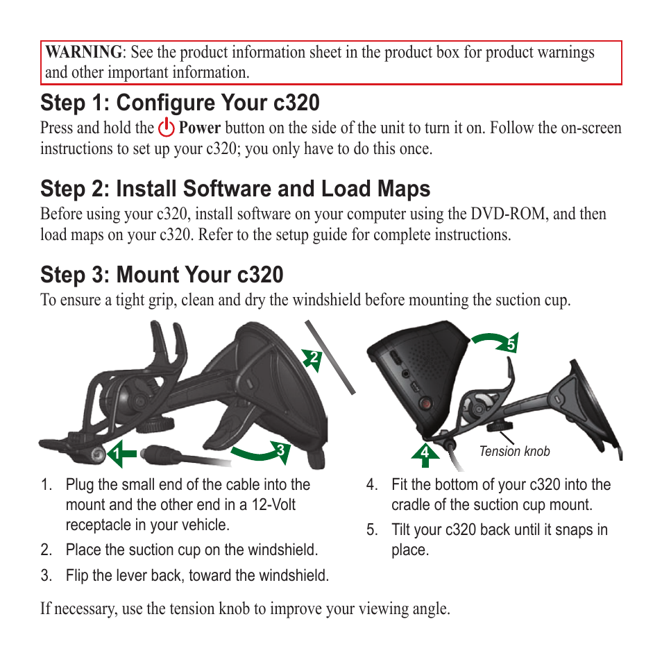 Step 1: configure your c320, Step 2: install software and load maps, Step 3: mount your c320 | Garmin StreetPilot c320 User Manual | Page 2 / 8