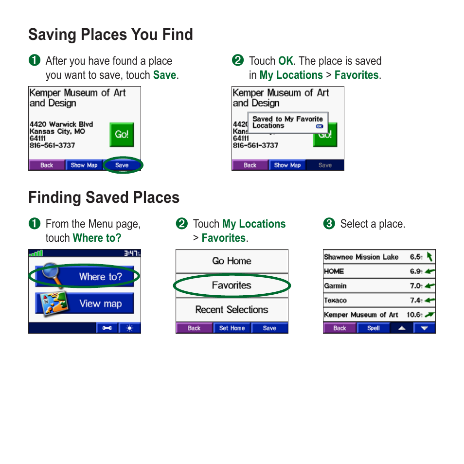 Saving places you find, Finding saved places, Saving �laces you find | Finding saved �laces | Garmin StreetPilot c320 User Manual | Page 6 / 8