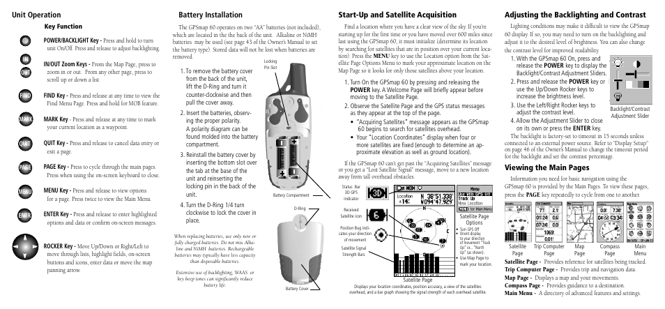 Start-up and satellite acquisition, Unit operation, Battery installation | Adjusting the backlighting and contrast, Viewing the main pages | Garmin GPSMAP 60 User Manual | Page 2 / 2