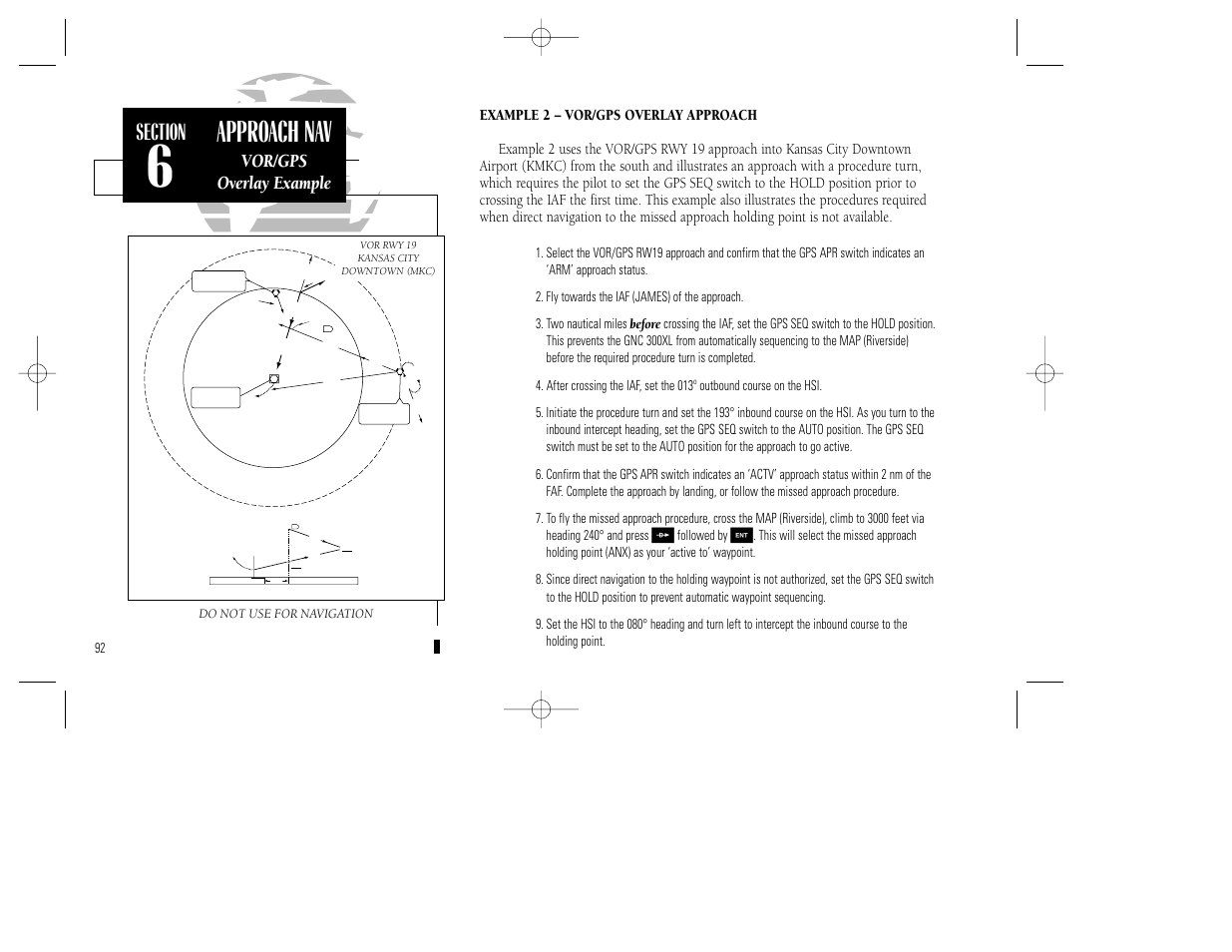 Approach nav, Vor/gps overlay example, Followed by | Do not use for navigation | Garmin GNC 300XL TSO User Manual | Page 102 / 150