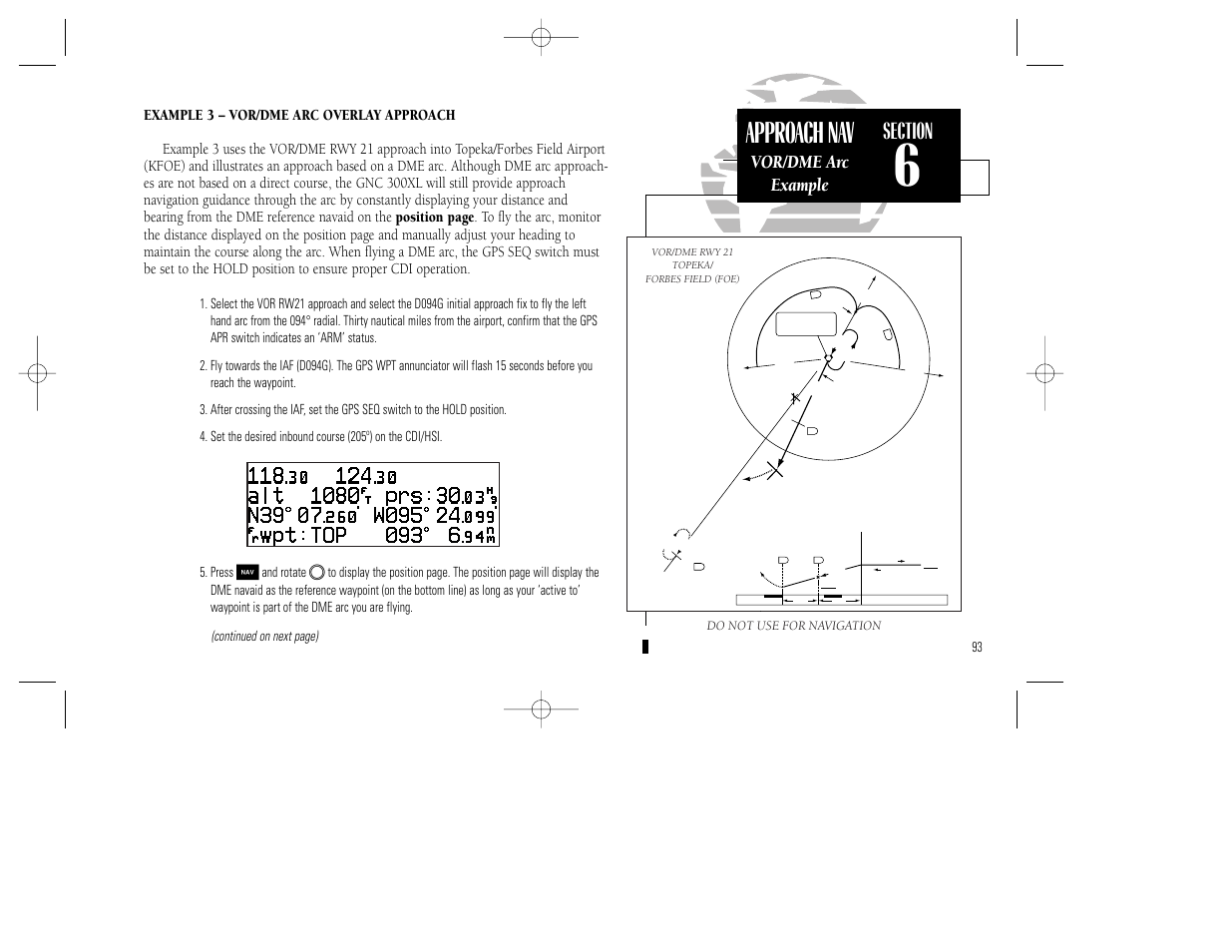 Approach nav, Vor/dme arc example, Continued on next page) | And rotate, Do not use for navigation | Garmin GNC 300XL TSO User Manual | Page 103 / 150