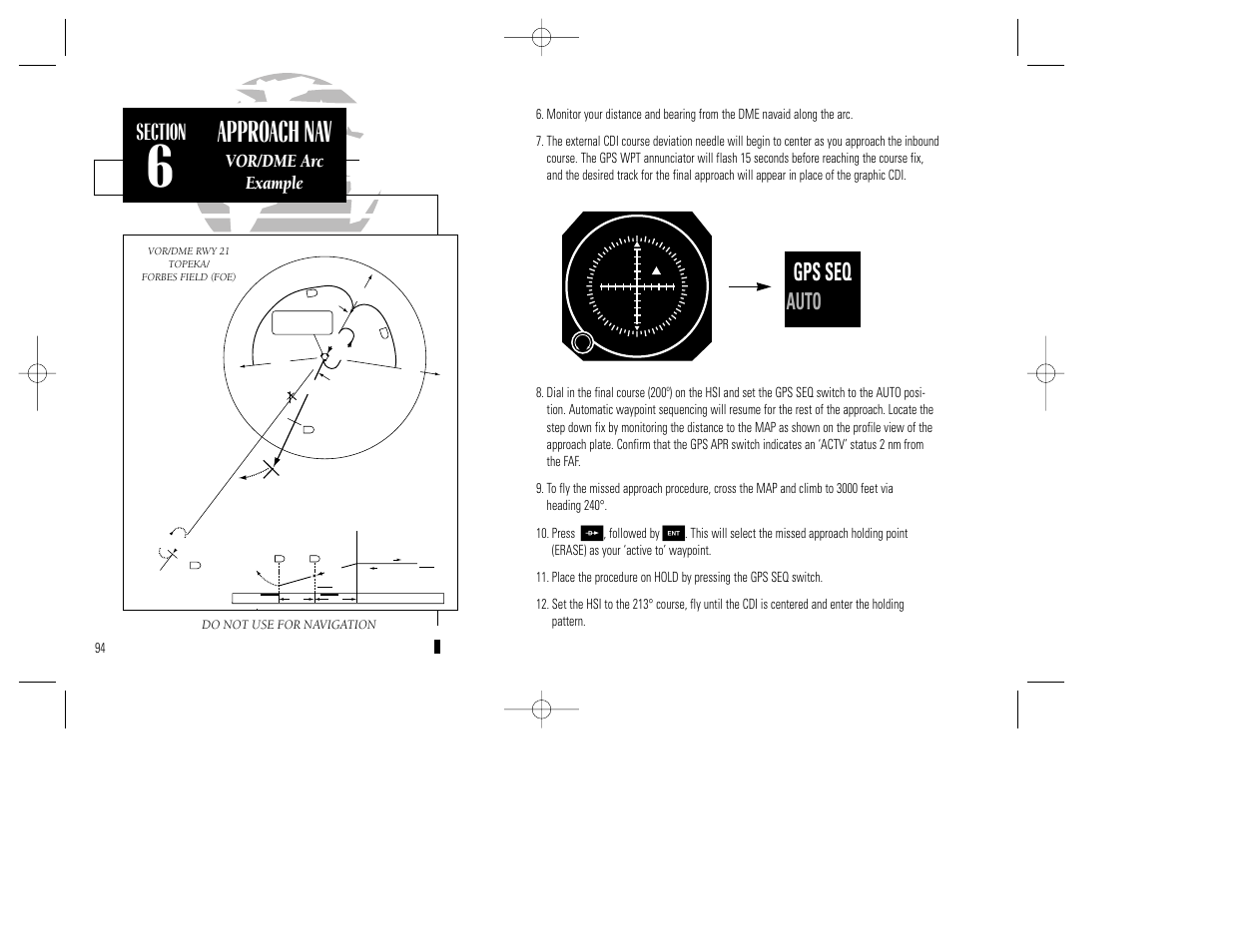 Approach nav, Gps seq, Auto actv | Vor/dme arc example | Garmin GNC 300XL TSO User Manual | Page 104 / 150