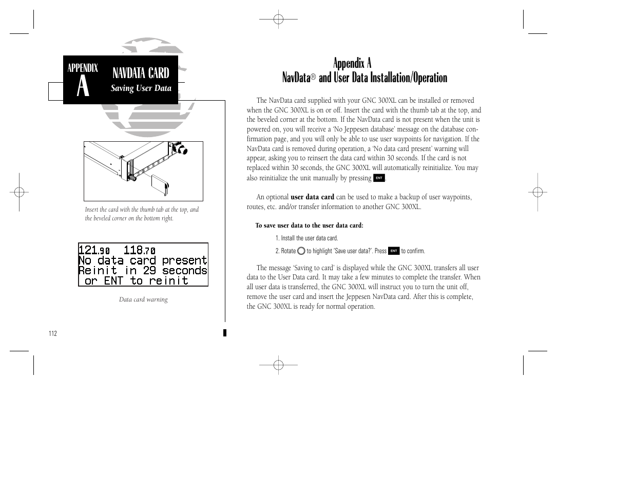 Appendix a navdata, And user data installation/operation, Navdata card | Garmin GNC 300XL TSO User Manual | Page 122 / 150