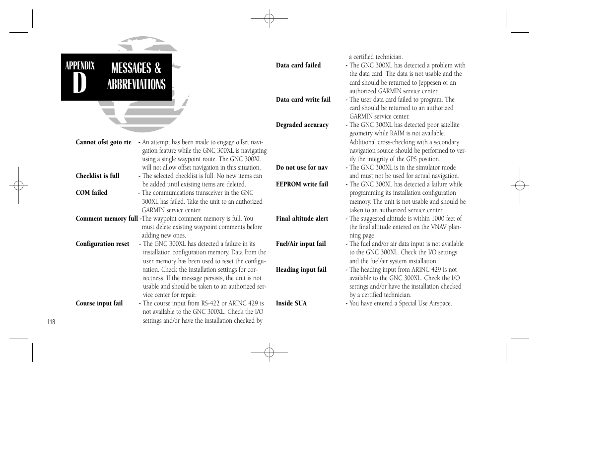 Messages & abbreviations, Appendix | Garmin GNC 300XL TSO User Manual | Page 128 / 150